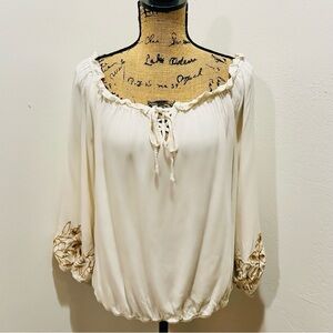 Women Maurices Cream White Embroidered Boho Long Sleeve Peasant Top Size XL